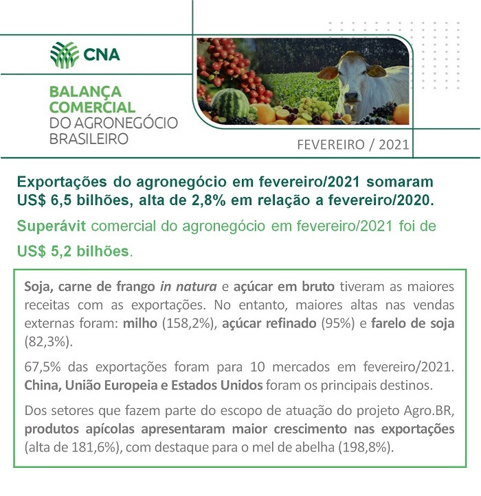 Exportações do agronegócio atingem US$ 6,5 bilhões em fevereiro